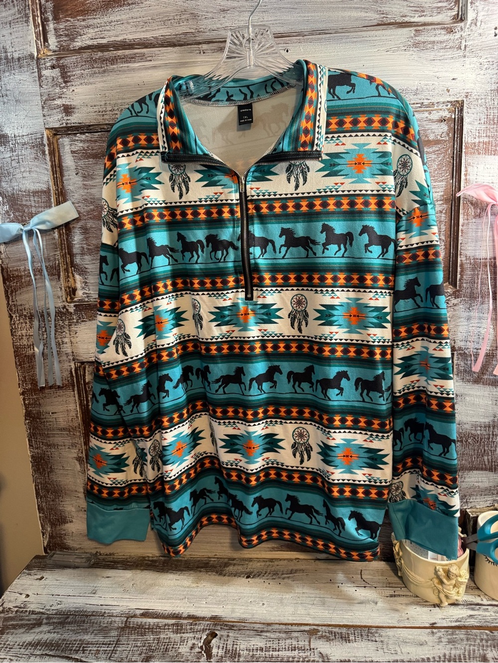 Women’s Turquoise Southwestern Quarter-Zip Pullover
